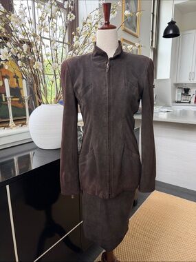 Vintage Oscar de la Renta Dark Brown Suede Zip-Front Skirt Suit S 4/6